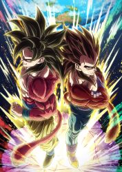 Rule 34 | 2boys, absurdres, aura, back-to-back, black hair, blue pants, body fur, brown hair, commentary request, crossed arms, dragon ball, dragon ball gt, full body, green eyes, highres, long hair, looking at viewer, male focus, mocky art, monkey tail, multiple boys, muscular, muscular male, pants, red fur, son goku, standing, super saiyan, super saiyan 4, tail, topless male, vegeta, yellow eyes, yellow pants