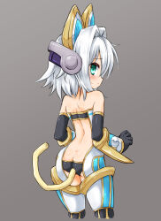 1girl anal_beads anal_tail android animal_ear_headband back_cutout bare_shoulders black_bra black_pants blush bra butt_plug clothing_cutout dress elbow_gloves emil_chronicle_online fake_tail from_side gloves green_dress green_eyes grey_background hand_guard huyusilver loli looking_back pants raised_inner_eyebrows robot_ears shugoma_hazuki strapless strapless_dress sweatdrop tail two-tone_dress underwear white_dress white_hair