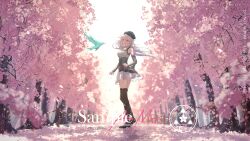 1girl absurdres aura_mage bird boots breasts cherry_blossoms clothes_lift commentary commission dated eiyuu_densetsu english_commentary english_text falling_petals fie_claussell floating_hair flower full_body green_eyes green_hat hat highres kuro_no_kiseki_(series) kuro_no_kiseki_i long_hair looking_at_viewer medium_breasts path petals road scenery skirt skirt_lift smile thigh_boots vgen_commission watermark watermark_grid white_hair