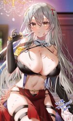 1girl absurdres artist_name bed_sheet black_gloves black_panties blood bloody_knife bloody_weapon blush breasts cleavage commentary_request commission commissioner_name cross_hair_ornament dagger elbow_gloves gloves grey_hair hair_between_eyes hair_ornament highres holding holding_dagger holding_knife holding_weapon indoors knife large_breasts long_hair looking_at_viewer navel on_bed original panties parted_lips sitting skeb_commission solo thank_you thigh_strap underwear weapon yam_(yamap_mako) yellow_eyes