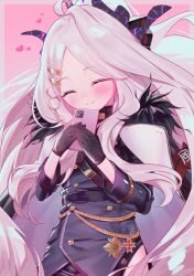 1girl ^_^ absurdres ahoge armband black_gloves black_horns black_jacket blue_archive blush border buttons cellphone closed_eyes closed_mouth coat coat_on_shoulders commentary_request cowboy_shot demon_girl demon_horns double-breasted floating_hair forehead fur-trimmed_coat fur_trim gloves grey_hair hair_ornament hairclip hands_up happy heart highres hina_(blue_archive) holding holding_phone horns jacket long_hair long_sleeves nekono_moni outside_border parallel_hairclips parted_bangs phone pink_background pink_border polka_dot polka_dot_background red_armband sidelocks simple_background smartphone smile solo textless_version very_long_hair