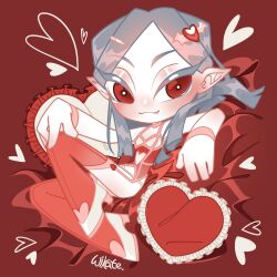 1girl :3 bare_shoulders bracelet bright_pupils character_request chibi choker closed_mouth clothing_cutout colored_eyelashes commentary commission english_commentary fang fang_out hair_ornament hair_spread_out hairclip hand_on_own_knee heart heart-shaped_pillow heart_cutout heart_hair_ornament high_heels highres indie_virtual_youtuber jewelry knee_up leotard light_blush lingerie long_sidelocks on_bed pale_skin pillow pointy_ears pumps red_eyes red_leotard red_thighhighs ribbed_thighhighs shoes sidelocks signature sitting smile solo stomach_cutout thighhighs tsurime underwear vampire virtual_youtuber white_choker white_pupils white_shoes wikate winged_heart
