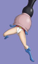 1girl absurdres alien boots cape cell_(dragon_ball) creature crossover dc_comics dragonball_z gloves highres legs leotard lower_body power_girl ryona struggling stuck superman_(series) tail thighs vore