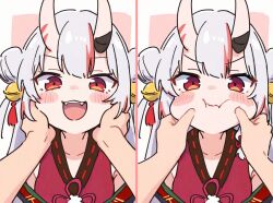 1girl ai-generated bell blush blush_stickers breasts cheek_pinching grey_hair hair_bun hair_ornament hololive horns japanese_clothes long_hair looking_at_viewer multicolored_hair nakiri_ayame oni open_mouth pinching red_eyes red_hair skin-covered_horns small_breasts smile streaked_hair uwzoa virtual_youtuber white_hair