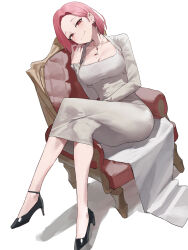 1girl absurdres ankle_strap black_shoes blush breasts cleavage closed_mouth collarbone commentary crossed_legs dongtan_dress dress earrings eun-chae forehead grey_dress grey_jacket high_heels highres indie_virtual_youtuber jacket jewelry korean_commentary large_breasts looking_at_viewer mac_star meme_attire mole mole_on_breast mole_under_eye necklace on_chair red_eyes red_hair shoes short_hair sitting smile solo virtual_youtuber