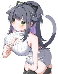 1girl absurdres alternate_costume animal_ears arknights bare_arms bare_shoulders black_hair black_thighhighs blush breasts bright_pupils cleavage cleavage_cutout closed_mouth clothing_cutout colored_inner_hair dress flying_sweatdrops green_eyes hand_on_own_leg hand_on_own_thigh heart_cutout highres jessica_(arknights) large_breasts long_hair multicolored_hair purple_hair ribbed_dress simple_background sleeveless sleeveless_dress solo spam_(spamham4506) stirrup_legwear sweater sweater_dress tail tearing_up thighhighs toeless_legwear turtleneck turtleneck_dress white_background white_pupils
