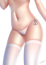 1girl bikini bikini_bottom_only cameltoe commentary dated_commentary head_out_of_frame highres navel original side-tie_bikini_bottom signature simple_background skindentation solo stomach swimsuit thighhighs thighs white_background white_bikini white_thighhighs wsman