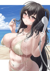 1girl absurdres azur_lane beach bikini black_hair blue_sky bouhuuu breasts clothed_bath highres holding holding_own_hair holding_shower_head huge_breasts long_hair looking_at_viewer navel ocean red_eyes sand shower_head showering side_ponytail sky solo swimsuit taihou_(azur_lane) taihou_(seaside_daydreams)_(azur_lane) undersized_clothes very_long_hair wet