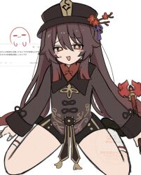 Rule 34 | 1girl, boo tao (genshin impact), brown hair, brown shirt, embarrassed, genshin impact, ghost, haruo (haruooimo), hat, highres, holding, holding weapon, hu tao (genshin impact), open mouth, orange eyes, parted bangs, shirt, shoes, short shorts, shorts, socks, staff of homa (genshin impact), thigh gap, twintails, weapon