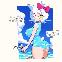 1girl absurdres animal_ears aqua_one-piece_swimsuit ass bow breasts cat_ears cropped_legs cup day disposable_cup drinking_straw hair_bow hello_kitty hello_kitty_(character) highres holding holding_cup humanization large_breasts long_eyelashes looking_back minuspal one-piece_swimsuit outdoors pink_bow reference_inset sanrio short_tail solo swimsuit tail water white_hair yellow_eyes