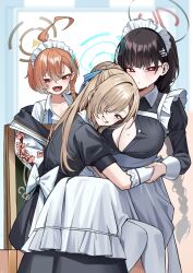 3girls ahoge alternate_costume alternate_hairstyle apron asuna_(blue_archive) black_dress black_hair black_halo blonde_hair blue_archive blue_eyes blue_halo blush breasts cleavage dress eyes_visible_through_hair fang floral_print grin hair_between_eyes hair_bun hair_over_one_eye halo highres jacket large_breasts long_braid long_hair maid maid_apron maid_headdress multiple_girls neru_(blue_archive) o-los open_mouth pantyhose red_eyes red_hair red_halo rio_(blue_archive) short_hair sitting sitting_on_lap sitting_on_person smile sukajan white_apron white_jacket white_pantyhose