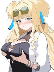 Rule 34 | 1girl, aquamarine725, black dress, blonde hair, blue eyes, blush, bracelet, breasts, cleavage, cleavage cutout, closed mouth, clothing cutout, dress, eyewear on head, glasses, grabbing own breast, highres, honkai (series), honkai impact 3rd, jacket, jewelry, large breasts, long hair, looking at viewer, next time you&#039;re getting this (meme), pince-nez, simple background, solo, songque, songque (astralop), upper body, white background, white jacket