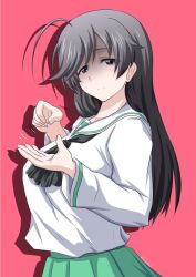 Rule 34 | 1girl, ahoge, black hair, blush, breasts, closed mouth, girls und panzer, grey eyes, highres, isuzu hana, large breasts, long hair, looking at viewer, ooarai school uniform, red background, school uniform, simple background, smile, solo, yts takana