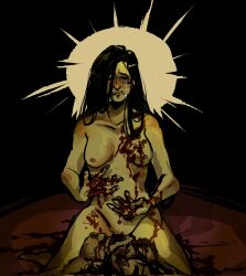 Rule 34 | 1girl, 1other, black hair, blood, blood on body, blood on breasts, blood on hands, blood splatter, completely nude, corpse, crying, crying with eyes open, death, full body, heart, heart of string, highres, implied murder, kneeling, long hair, nekromaxxing, nipples, nude, original, out of frame, ribs, skinny, sun behind head, tears