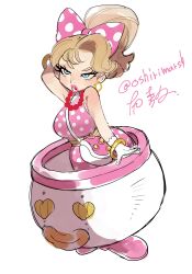 Rule 34 | 1girl, absurdres, arm behind head, arm up, bag, bead necklace, beads, blonde hair, blue eyes, blush (makeup), bow, bracelet, breasts, dancho no mori, dress, earrings, freckles, full body, gloves, gold bracelet, gold earrings, hair bow, half-closed eyes, handbag, high ponytail, highres, hoop earrings, humanization, jewelry, koopa clown car, large breasts, lipstick, makeup, mario (series), necklace, nintendo, parted lips, pink bow, pink dress, pink lips, polka dot, polka dot bow, polka dot dress, ponytail, sleeveless, sleeveless dress, solo, spiked bag, spikes, super smash bros., thick lips, wendy o. koopa, white background, white gloves