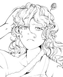 1girl :c female_focus greyscale hi_you_(flying_bear) highres long_hair monochrome sakata_nemuno simple_background solo tired touhou wavy_hair white_background