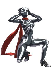 Rule 34 | 1girl, black bodysuit, black boots, black gloves, bodysuit, boots, female focus, fighting ex layer, full body, genderswap, genderswap (mtf), gloves, hands on own head, long scarf, mask, official art, ogura eisuke, on one knee, red scarf, scarf, skeleton print, skullomania, snk heroines: tag team frenzy, solo, surprised, sweat, transparent background, zentai