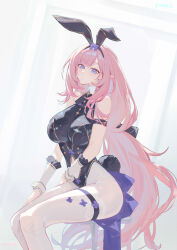 1girl absurdres alternate_costume animal_ear_hairband animal_ears armlet bare_shoulders black_leotard blue_eyes blush breasts closed_mouth elf elysia_(honkai_impact) fake_animal_ears hairband highres honkai_(series) honkai_impact_3rd jewelry large_breasts leotard long_hair looking_at_viewer missing_commentary on_stool pantyhose pink_hair pink_pupils playboy_bunny pmg pointy_ears rabbit_ear_hairband rabbit_ears simple_background sitting smile solo thigh_strap very_long_hair white_background white_pantyhose
