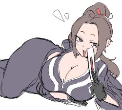 1girl bamman black_gloves breasts brown_eyes brown_hair cleavage crossed_legs fatal_fury fatal_fury:_city_of_the_wolves gloves hand_fan holding holding_fan jumpsuit laughing looking_at_viewer lying ponytail shiranui_mai unfinished