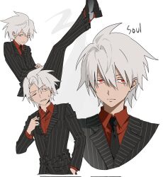 1boy black_jacket black_necktie black_pants black_shoes cgvske1003 character_name closed_mouth clothes_grab collared_shirt corrupted_twitter_file grey_hair hashtag-only_commentary highres jacket legs_up male_focus multiple_views necktie necktie_grab neckwear_grab one_eye_closed pants red_eyes red_shirt sharp_teeth shirt shoes simple_background sitting soul_eater soul_evans spiked_hair sweat teeth white_background white_shirt