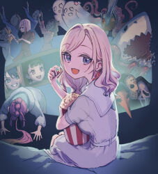 Rule 34 | 6+girls, :d, anyoji hime, aqua neckerchief, black ribbon, blonde hair, blue eyes, bob cut, breasts, ceras yanagida lilienfeld, chainsaw, commentary request, dress, evil grin, evil smile, fang, food, friday the 13th, ghost costume, gradient hair, great white shark, grey hair, grin, hair intakes, hair ribbon, hasu no sora school uniform, here&#039;s johnny! (meme), highres, hinoshita kaho, holding, holding food, hood, hooded jacket, inverted bob, jacket, jason voorhees, jaws (movie), kachimachi kosuzu, lao ren xing, large breasts, link! like! love live!, long hair, love live!, meme, multi-tied hair, multicolored hair, multiple girls, murano sayaka, neckerchief, open mouth, osawa rurino, outstretched arms, parody, pink hair, pink ribbon, ponytail, popcorn, purple eyes, red hair, ribbon, sailor collar, sailor dress, school uniform, scream (movie), shark, short hair, sidelocks, skin fang, smile, streaked hair, summer uniform, the shining, three-quarter sleeves, virtual youtuber, white dress, white jacket, white sailor collar, yugiri tsuzuri, zombie pose