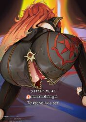 Rule 34 | 1girl, absurdres, ahoge, artist name, ass, ass focus, english text, foot out of frame, from behind, genshin impact, gradient hair, highres, huge ass, kaiser (kaiserofart), long hair, mavuika (genshin impact), multicolored hair, orange hair, patreon username, red hair, shadow, soles, solo, thong, toenails, toes, two-tone hair