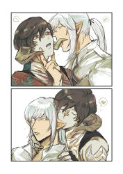 ! 2boys au_ra biting biting_ear black_hair border closed_eyes dragon_horns elezen elf estinien_varlineau final_fantasy final_fantasy_xiv grabbing_another&#039;s_chin hand_on_another&#039;s_chin heart highres horns interspecies licking licking_another&#039;s_face male_focus multiple_boys multiple_views musical_note open_mouth pointy_ears ponytail portrait red_eyes scales short_hair spoken_exclamation_mark spoken_heart spoken_musical_note surprised tomita varshahn white_border white_hair yaoi