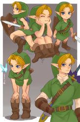 1boy beige_shirt bent_over blue_eyes boots border brown_footwear closed_eyes deku_shield earrings from_above green_headwear hands_on_own_knees hat highres holding holding_shield holding_sword holding_weapon ivy_(sena0119) jewelry link looking_at_viewer male_focus master_sword multiple_persona navi nintendo parted_bangs pointy_ears shield sitting smile standing sword the_legend_of_zelda the_legend_of_zelda:_ocarina_of_time tunic weapon weapon_on_back white_border wooden_shield young_link