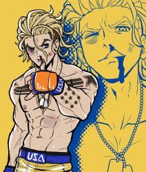 1boy abs absurdres arm_tattoo ben-day_dots blonde_hair blood blood_on_face blue_eyes brown_hair bruise chest_tattoo cowboy_shot dog_tags fingerless_gloves forked_eyebrows gloves groin hair_slicked_back highres injury looking_to_the_side luke_sullivan male_focus mma_gloves multicolored_gloves multicolored_hair multiple_tattoos multiple_views navel nipples nosebleed pectorals sach56000 screentones shorts shoulder_tattoo sideways_glance standing star_(symbol) street_fighter street_fighter_v tattoo topless_male two-tone_hair uneven_eyes zoom_layer