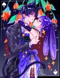 1boy 1girl animal_ears aqua_eyes arched_back arms_around_neck artist_name belt black_belt black_bow black_choker black_jacket black_nails black_shorts black_sleeves blunt_ends blush bow breasts brown_thighhighs cat_boy cat_ears cat_tail chain choker closed_mouth collared_shirt couple diffraction_spikes dress ear_piercing earrings elbow_gloves eyeliner eyeshadow fang flower foxtrot_(foxtrot_xx) genshin_impact glint gloves hair_bow hair_pulled_back hand_on_another&#039;s_back heart height_difference hetero highres jacket jewelry lapels layered_sleeves long_sleeves looking_at_another looking_at_viewer makeup mona_(genshin_impact) piercing purple_dress purple_eyes purple_gloves purple_hair purple_nails rabbit_ears rabbit_girl rabbit_tail red_eyeliner red_eyeshadow red_flower scaramouche_(genshin_impact) shirt short_eyebrows short_hair shorts side_slit sideboob sidelocks small_breasts spiked_ear_piercing star_ornament strapless strapless_dress tail thighhighs tsurime white_shirt white_sleeves wispy_bangs
