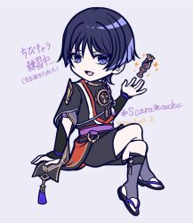 Rule 34 | 1boy, arm at side, arm support, armor, black sandals, black shorts, black sleeves, blunt ends, character name, eyeliner, eyeshadow, furisode, genshin impact, gnosis (genshin impact), gold, gold trim, grey leggings, hashtag, highres, japanese armor, japanese clothes, jewelry, juban, kimono, kote, kurokote, layered sleeves, leggings, looking at viewer, makeup, male focus, mandarin collar, mitsudomoe (shape), natuo e, neck ring, open clothes, open hands, open kimono, open mouth, purple eyes, purple pupils, purple rope, purple sash, purple sleeves, red eyeliner, red eyeshadow, red kimono, red sash, rope, sandals, sash, scaramouche (genshin impact), shimenawa, shorts, solo, sparkle, stirrup legwear, tassel, toeless legwear, tomoe (symbol), translation request, twitter username, white background, white kimono, white rope, wispy bangs, zouri
