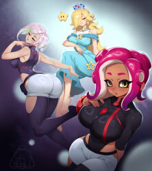 Rule 34 | agent 8 (splatoon), ass, breasts, crossover, cyberpunk (series), cyberpunk edgerunners, huge ass, large breasts, little blood, lucy (cyberpunk), mario (series), multiple girls, rosalina, splatoon (series), splatoon 2, super mario galaxy