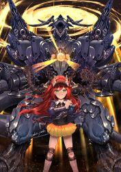 1girl ball bangle black_shirt black_visor blue_jacket blue_sky bracelet chain closed_mouth crossed_arms dragon_musume_ni_naritakunai! duel_masters gradient_background green_eyes hair_ornament high_ponytail holding holding_ball jacket jewelry jurako_ljuba knee_pads long_hair metal_ball miniskirt multicolored_hair multiple_girls non-humanoid_robot open_clothes open_jacket pleated_skirt ponytail print_shirt red_hair robot robot_dragon shirt shoes signature skirt sky smile take_yaki visor_cap yellow_skirt