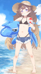1girl anya_melfissa aobara_hairi barefoot beach bikini black_bikini blonde_hair blue_sky brown_hair cutoff_jeans cutoffs denim denim_shorts flat_chest fluffy_hair food full_body hat highres hololive hololive_indonesia inflatable_dolphin inflatable_toy long_hair looking_at_viewer lowleg lowleg_shorts multicolored_hair navel purple_eyes shaved_ice short_shorts shorts sky solo straw_hat streaked_hair swimsuit utensil_in_mouth virtual_youtuber