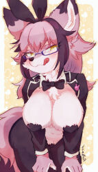 1girl bent_over black_suit blush bow bowtie breasts covered_erect_nipples covered_pussy flipped_hair formal_clothes furry furry_female hairband large_breasts leotard long_hair looking_at_viewer original pink_fur pink_hair playboy_bunny shimabo solo standing suit tongue tongue_out white_hair yellow_eyes