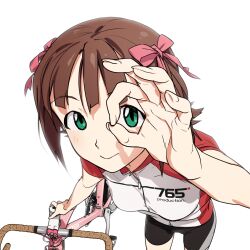 1girl amami_haruka bicycle bike_jersey bike_shorts breasts brown_hair commentary_request green_eyes hair_ribbon highres idolmaster idolmaster_(classic) looking_at_viewer ok_sign ok_sign_over_eye okazu-p_(kushino-okazu) ribbon short_hair simple_background small_breasts smile solo white_background