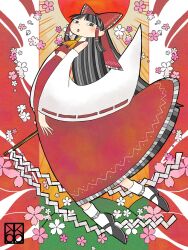 1girl artist_logo ascot bare_shoulders black_hair bow cherry_blossoms detached_sleeves full_body gohei hair_bow hair_tubes hakurei_reimu highres holding holding_gohei logo long_hair looking_at_viewer mary_janes midriff_peek nontraditional_miko red_bow red_skirt ribbon-trimmed_sleeves ribbon_trim shishi_(kuroear99) shoes sidelocks skirt socks solo sun touhou white_socks yellow_ascot