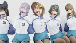 3d 5girls armbinder arms_behind_back ball_gag bdsm blender_(medium) bondage bound box-tie_armbinder breasts brown_eyes dead_or_alive dead_or_alive_xtreme dead_or_alive_xtreme_venus_vacation dress_shirt fiona_(doa) gag gagged grey_eyes highres indigo_hair long_hair looking_at_viewer misaki_(doa) monica_(doa) multiple_girls nao_(pixiv_5120470) nyotengu pantyhose shirt shuubaru simple_background smnv47 tamaki_(doa) white_background