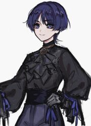 Rule 34 | 1boy, alternate costume, ascot, black ascot, black corset, black shirt, black sleeves, blunt ends, closed mouth, corset, eyeliner, eyeshadow, genshin impact, gold, grey pupils, hand on own hip, highres, jewelry, long sleeves, looking at viewer, makeup, male focus, mitsudomoe (shape), multicolored hair, neck ring, pants, puffy sleeves, purple eyes, purple hair, purple pants, purple ribbon, red eyeliner, red eyeshadow, ribbon, scaramouche (genshin impact), sgm618, shirt, sketch, sleeve ribbon, smile, solo, streaked hair, tomoe (symbol), upper body, white background, wispy bangs