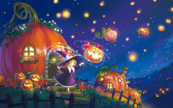 1girl blonde_hair bow door dress fence flower halloween hat house jack-o&#039;-lantern magic night night_sky original outdoors pumpkin sky smile solo star_(sky) starry_sky wand witch witch_hat yellow_eyes yukoiwase