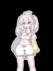 1girl ahoge animated animated_gif bouncing_breasts bow breasts camisole cardigan cardigan_partially_removed cleavage closed_eyes cowboy_shot dancing frills grey_hair hair_bow long_hair looking_at_viewer looping_animation midriff navel niliu_chahui open_cardigan open_clothes original pointy_ears red_eyes shorts simple_background solo swaying swaying_hip sweater transparent_background twintails very_long_hair white_camisole white_shorts yellow_sweater