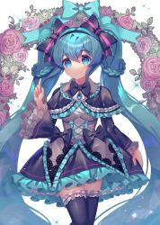 1girl aqua_eyes aqua_hair aqua_ribbon black_bow black_capelet black_dress black_thighhighs bow braid capelet closed_mouth corset dress flower frilled_capelet frilled_dress frilled_thighhighs frills hair_between_eyes hair_ribbon hatsune_miku highres kozou_kazaru long_hair long_sleeves looking_at_viewer pink_flower ribbon rose smile solo thighhighs twintails very_long_hair vocaloid white_background white_flower