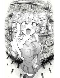 blush book bookshelf drill_hair fisheye highres holding holding_book holding_manga kasane_teto manga_(object) monochrome open_mouth pearto pleated_skirt pointing pointing_at_viewer shop skirt sleak twin_drills utau wide-eyed