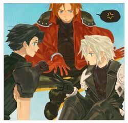3boys aged_down angeal_hewley anger_vein annoyed arm_support armor audreychen black_boots black_hair black_sweater blue_background blue_eyes boots brown_gloves chest_strap clenched_hand coat commentary crossed_legs final_fantasy final_fantasy_vii final_fantasy_vii_ever_crisis genesis_rhapsodos gloves grey_hair hand_up hashtag-only_commentary knee_boots knees_up leaning_forward looking_at_another male_focus multiple_boys open_mouth parted_bangs pauldrons red_coat red_gloves rock_paper_scissors sephiroth sephiroth_(ever_crisis) shadow short_hair shoulder_armor sitting sleeveless sleeveless_sweater sleeveless_turtleneck smile spoken_anger_vein sweater turtleneck turtleneck_sweater