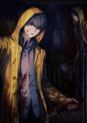 2boys absurdres adachi_tooru black_eyes black_hair black_pants blood blood_on_axe blood_on_clothes blood_on_face blood_on_hands blood_on_wall blood_splatter bloody_weapon bush cable chinese_commentary closed_mouth coat collared_shirt commentary grey_eyes grey_hair highres holding holding_sword holding_weapon hood hood_up houndstooth katana looking_down male_focus multiple_boys narukami_yu necktie open_clothes open_coat pants parted_lips persona persona_4 persona_4_the_golden railing raincoat red_necktie reverse_grip shirt short_hair spoilers sword untucked_shirt weapon white_shirt xinjinjumin827309438066 yellow_raincoat