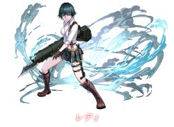 Rule 34 | 1girl, black hair, boots, brown gloves, devil may cry, devil may cry (series), devil may cry 3, gloves, holding, holding rocket launcher, holding weapon, kalina ann (weapon), lady (devil may cry), midriff, official art, puzzle &amp; dragons, rocket launcher, shirt, thigh strap, weapon, white shirt