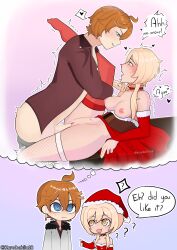 1boy 1girl absurdres ahegao blonde_hair blue_eyes breasts breasts_out chibi chilumi choker christmas clothed_sex clothes clothes_lift clothing_aside collar confused corset crotch_rub deep_penetration dress drooling earrings english_text female_orgasm fishnet_thighhighs fishnets genshin_impact gloves head_tilt heart heart-shaped_pupils hetero highleg highres imagining jewelry knee_up knees_up kurodahlia18 looking_at_another looking_down looking_up lumine_(genshin_impact) medium_breasts moaning nipples no_bra no_panties nude orgasm penis pressing pussy pussy_juice red_dress red_hair red_socks sex sex_on_table shaking simple_background socks socks_over_pantyhose speech_bubble sweat sweatdrop symbol-shaped_pupils table talking tartaglia_(genshin_impact) thighhighs thighs thought_bubble vaginal white_socks white_thighhighs yellow_eyes