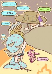 ... 2boys beanie beard blanket blue_hat blue_hoodie blue_pants bridal_gauntlets brown_hat campfire character_name chibi colored_skin cowboy_hat english_text facial_hair flying_sweatdrops goggles grey_hair gyro_zeppeli hat highres holding holding_stick hood hoodie johnny_joestar jojo_no_kimyou_na_bouken long_hair m_a_a_m_8 male_focus multiple_boys pants pink_skin purple_bridal_gauntlets sitting sky speech_bubble stand_(jojo) star_(sky) star_(symbol) star_print starry_sky steel_ball_run stick tusk_(stand) tusk_act1 unworn_goggles wariza