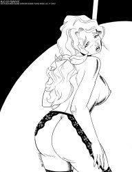 1girl 2019 ass back blush breasts dated garter_belt hair_tie half-closed_eyes hand_on_leg highres kuramitsu_mitoto large_breasts lingerie long_hair looking_back monochrome nipples pantyhose pole sideboob signature simple_background tenchi_muyou! tenchi_muyou!_gxp tiquitoc underwear watermark web_address