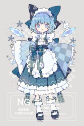 Rule 34 | 1girl, :t, absurdres, apron, black shoes, blue bow, blue eyes, blue hair, blue hakama, blue kimono, blue sash, blush stickers, bow, checkered clothes, checkered kimono, cirno, closed mouth, commentary, detached wings, frilled apron, frilled skirt, frills, full body, grey background, hair bow, hakama, hakama skirt, highres, ice, ice wings, japanese clothes, kimono, long sleeves, looking at viewer, maid headdress, mary janes, nikorashi-ka, ribbon-trimmed socks, ribbon trim, sash, shoes, short hair, skirt, socks, solo, symbol-only commentary, touhou, watermark, white apron, white background, white socks, wide sleeves, wings